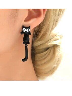 Cat Earrings Retro Black White Dangle 2pc Hanging Felix Cartoon Trendy Stylish